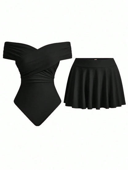 Swim Oasis Women's Summer Vacation Cute Criss-Cross Off-Shoulder Matching Skirt Set