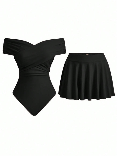 Swim Oasis Women's Summer Vacation Cute Criss-Cross Off-Shoulder Matching Skirt Set