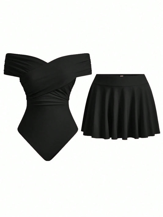 Swim Oasis Women's Summer Vacation Cute Criss-Cross Off-Shoulder Matching Skirt Set