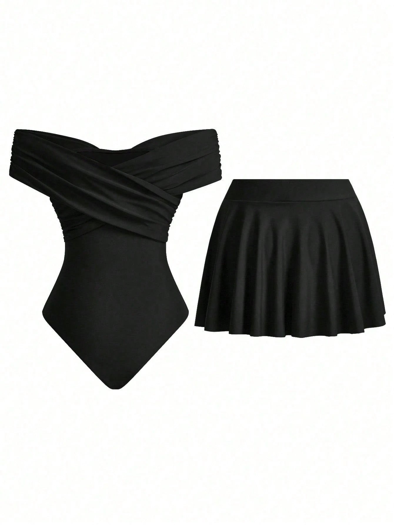 Swim Oasis Women's Summer Vacation Cute Criss-Cross Off-Shoulder Matching Skirt Set