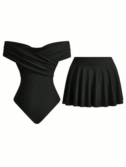 Swim Oasis Women's Summer Vacation Cute Criss-Cross Off-Shoulder Matching Skirt Set