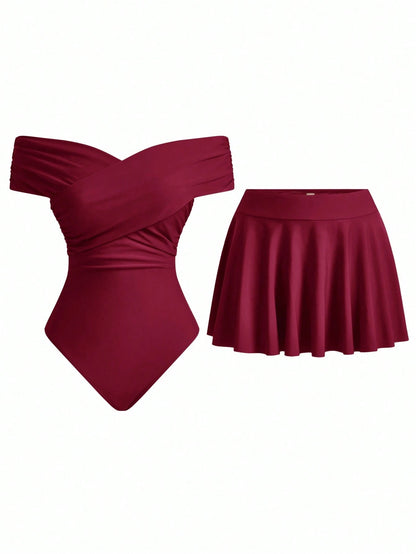 Swim Oasis Women's Summer Vacation Cute Criss-Cross Off-Shoulder Matching Skirt Set