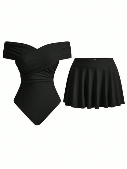 Swim Oasis Women's Summer Vacation Cute Criss-Cross Off-Shoulder Matching Skirt Set