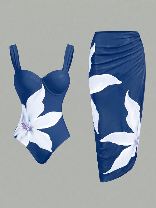 Swim Oasis Women's Vacation Beach Floral Print One-Piece Swimsuit With Pleated Cover-Up Skirt Set