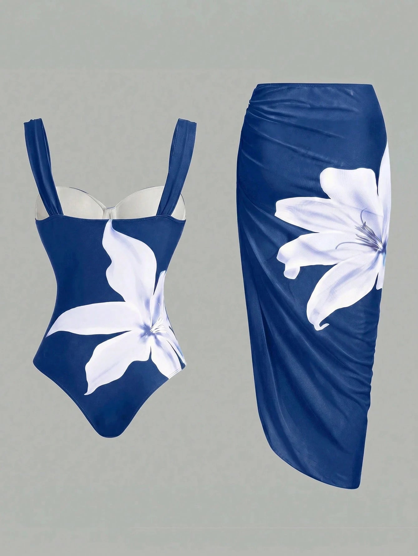 Swim Oasis Women's Vacation Beach Floral Print One-Piece Swimsuit With Pleated Cover-Up Skirt Set