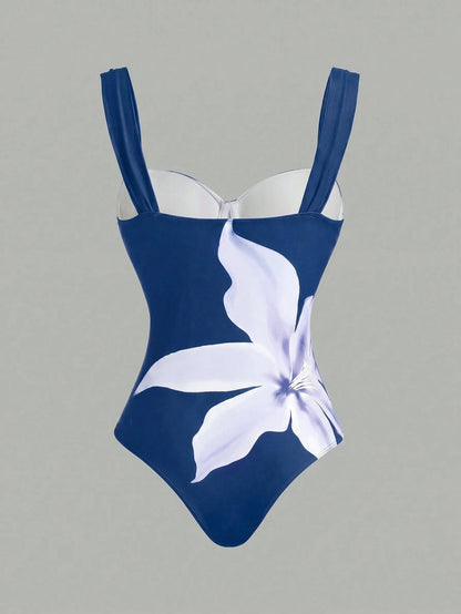 Swim Oasis Women's Vacation Beach Floral Print One-Piece Swimsuit With Pleated Cover-Up Skirt Set
