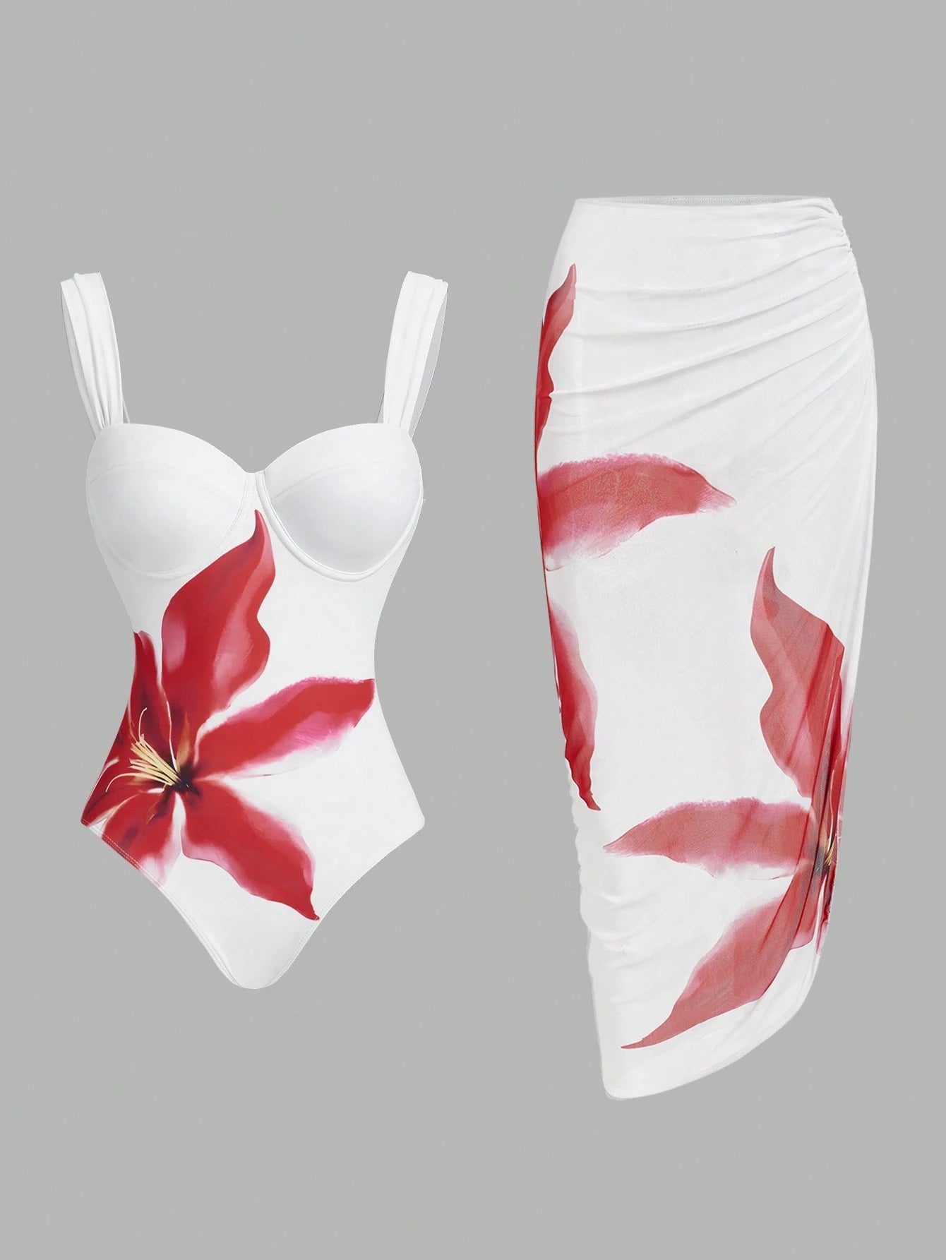 Swim Oasis Women's Vacation Beach Floral Print One-Piece Swimsuit With Pleated Cover-Up Skirt Set