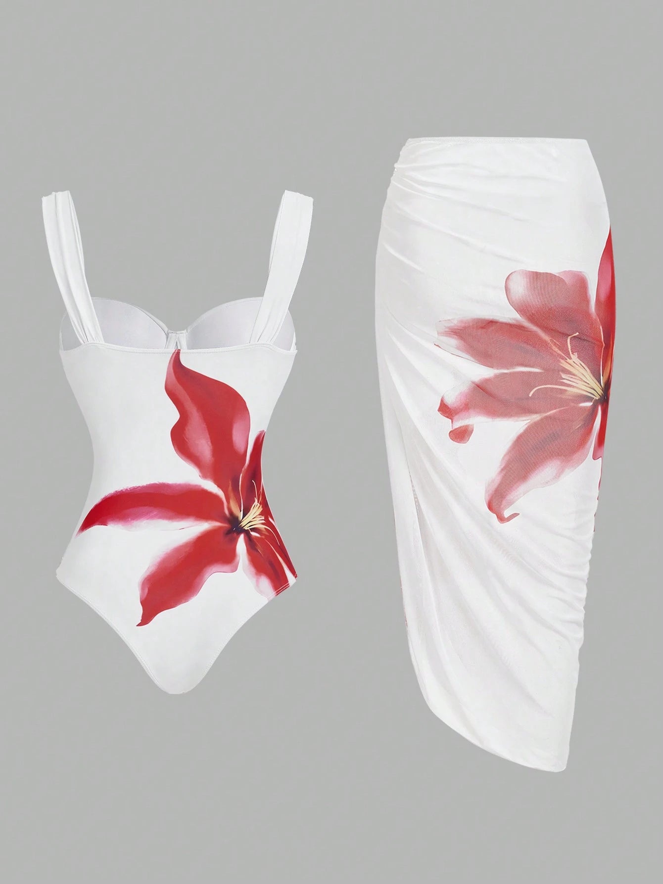 Swim Oasis Women's Vacation Beach Floral Print One-Piece Swimsuit With Pleated Cover-Up Skirt Set