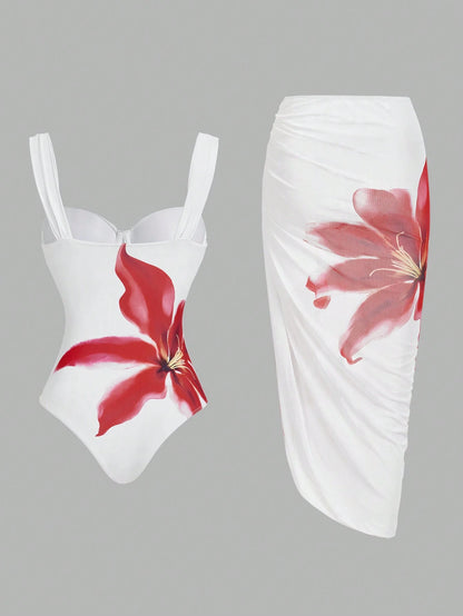 Swim Oasis Women's Vacation Beach Floral Print One-Piece Swimsuit With Pleated Cover-Up Skirt Set