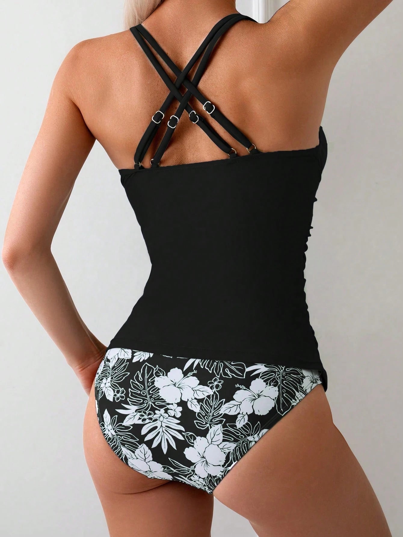 Swim Random Tropical Plant Print Tankini Swimsuit Set For Summer Beach Vacation