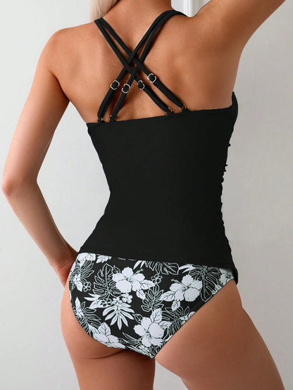 Swim Random Tropical Plant Print Tankini Swimsuit Set For Summer Beach Vacation