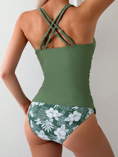 Swim Random Tropical Plant Print Tankini Swimsuit Set For Summer Beach Vacation
