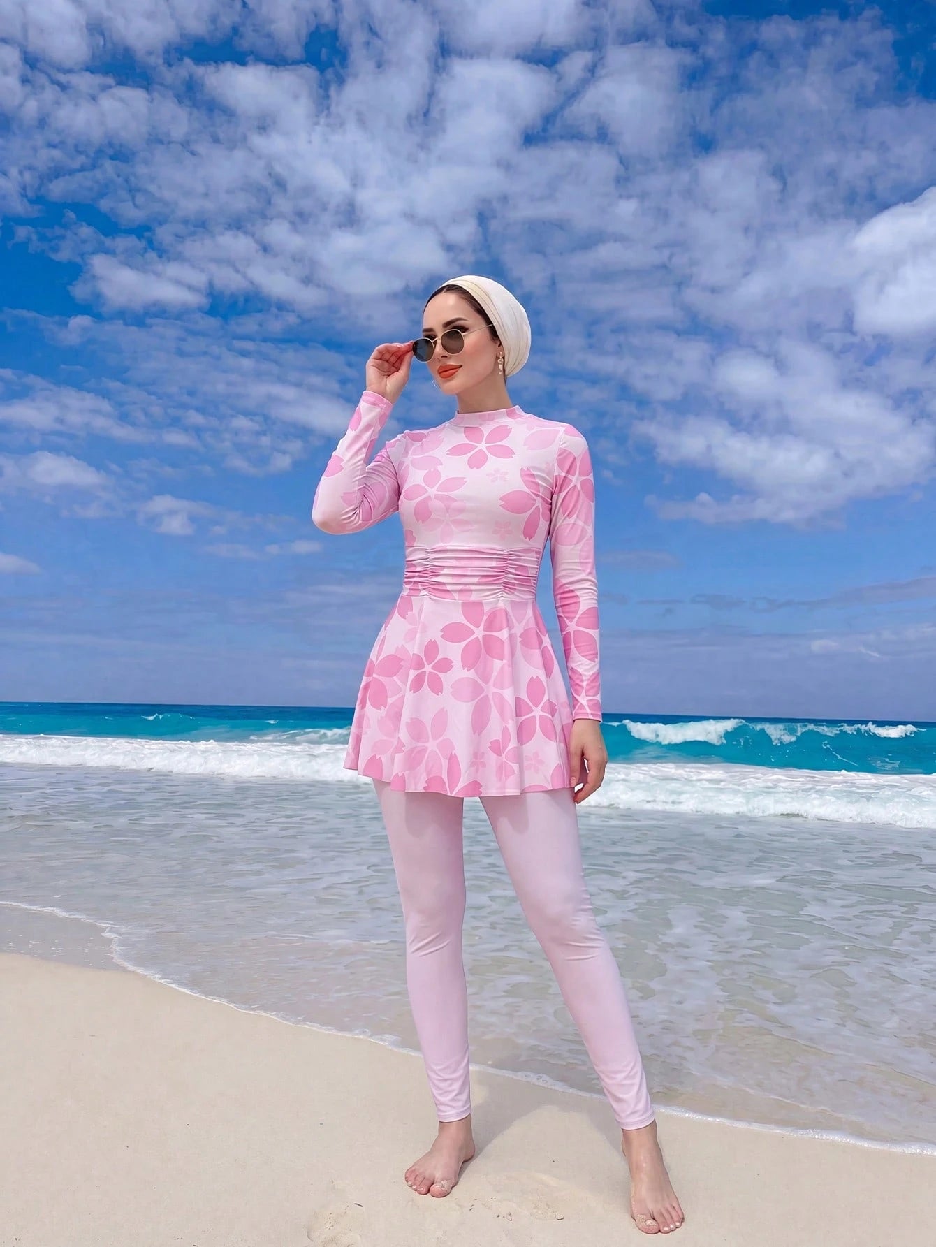 Swim Shayni 2pcs Floral Print Full Coverage Long Sleeve Long Top And Solid Color Long Pants Burkini Swimsuit Set For Women