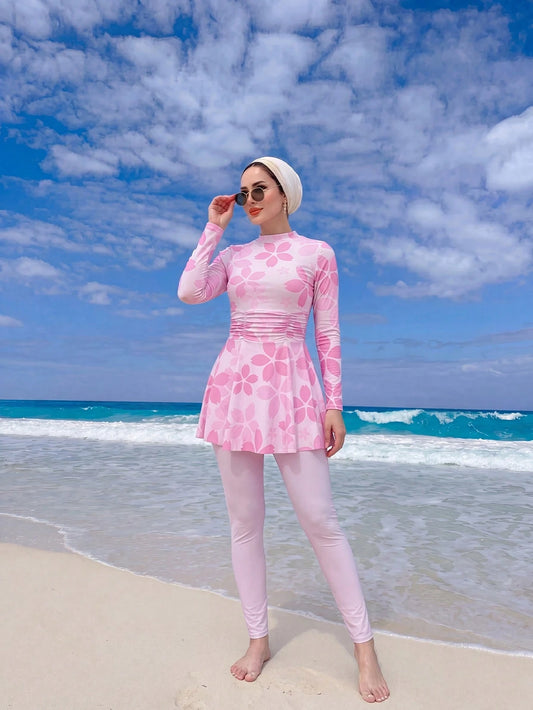 Swim Shayni 2pcs Floral Print Full Coverage Long Sleeve Long Top And Solid Color Long Pants Burkini Swimsuit Set For Women