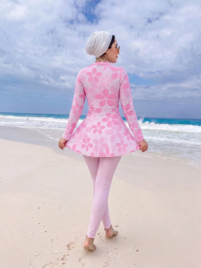Swim Shayni 2pcs Floral Print Full Coverage Long Sleeve Long Top And Solid Color Long Pants Burkini Swimsuit Set For Women