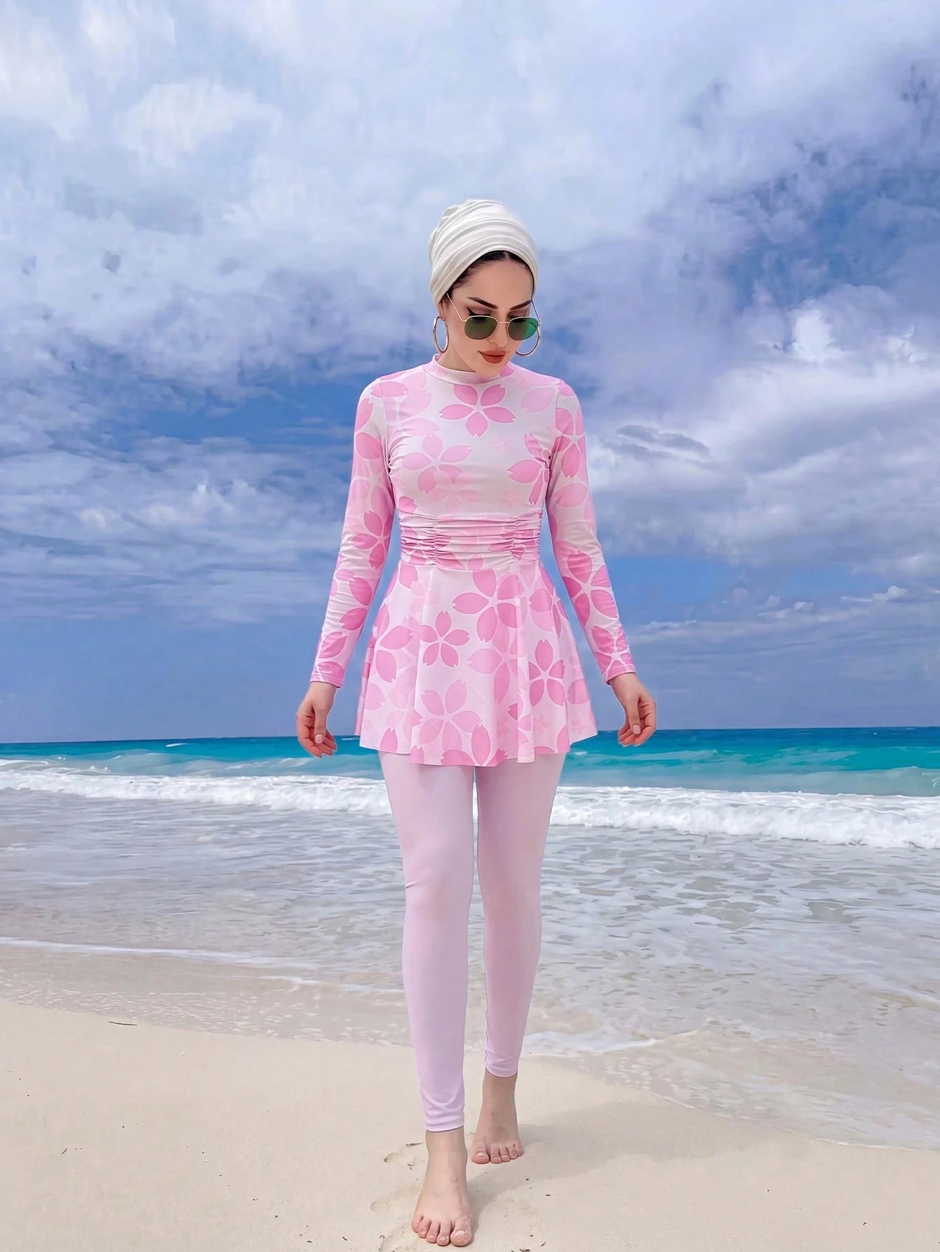 Swim Shayni 2pcs Floral Print Full Coverage Long Sleeve Long Top And Solid Color Long Pants Burkini Swimsuit Set For Women