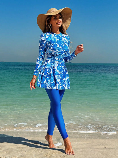 Swim Shayni 2pcs Floral Print Full Coverage Long Sleeve Long Top And Solid Color Long Pants Burkini Swimsuit Set For Women