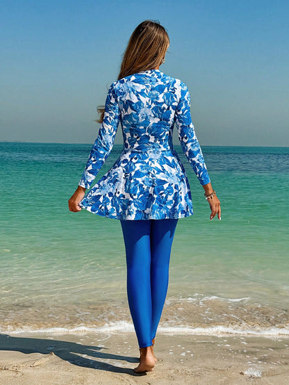 Swim Shayni 2pcs Floral Print Full Coverage Long Sleeve Long Top And Solid Color Long Pants Burkini Swimsuit Set For Women