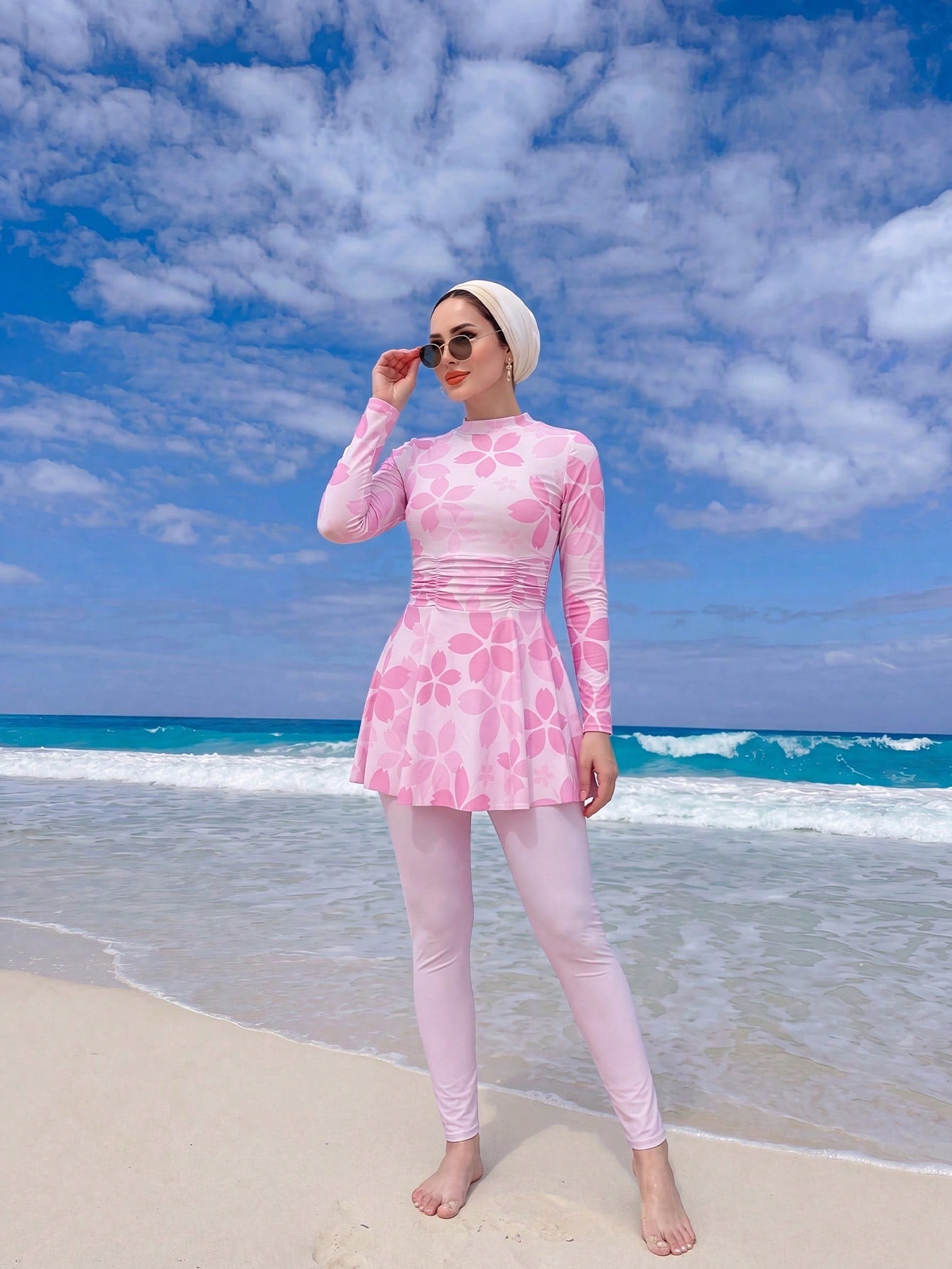 Swim Shayni 2pcs Floral Print Full Coverage Long Sleeve Long Top And Solid Color Long Pants Burkini Swimsuit Set For Women