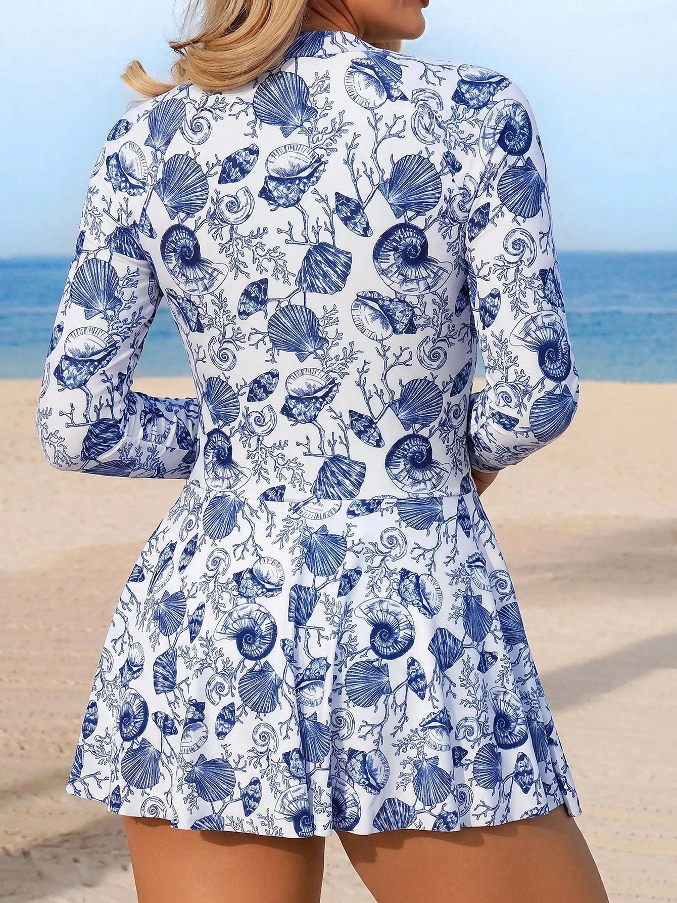 Swim Shayni Women's BOHO Blue & White Vacation Print Pattern Blue Swim Dress Long Sleeve One-Piece Swimsuit
