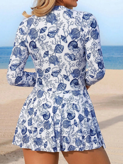 Swim Shayni Women's BOHO Blue & White Vacation Print Pattern Blue Swim Dress Long Sleeve One-Piece Swimsuit