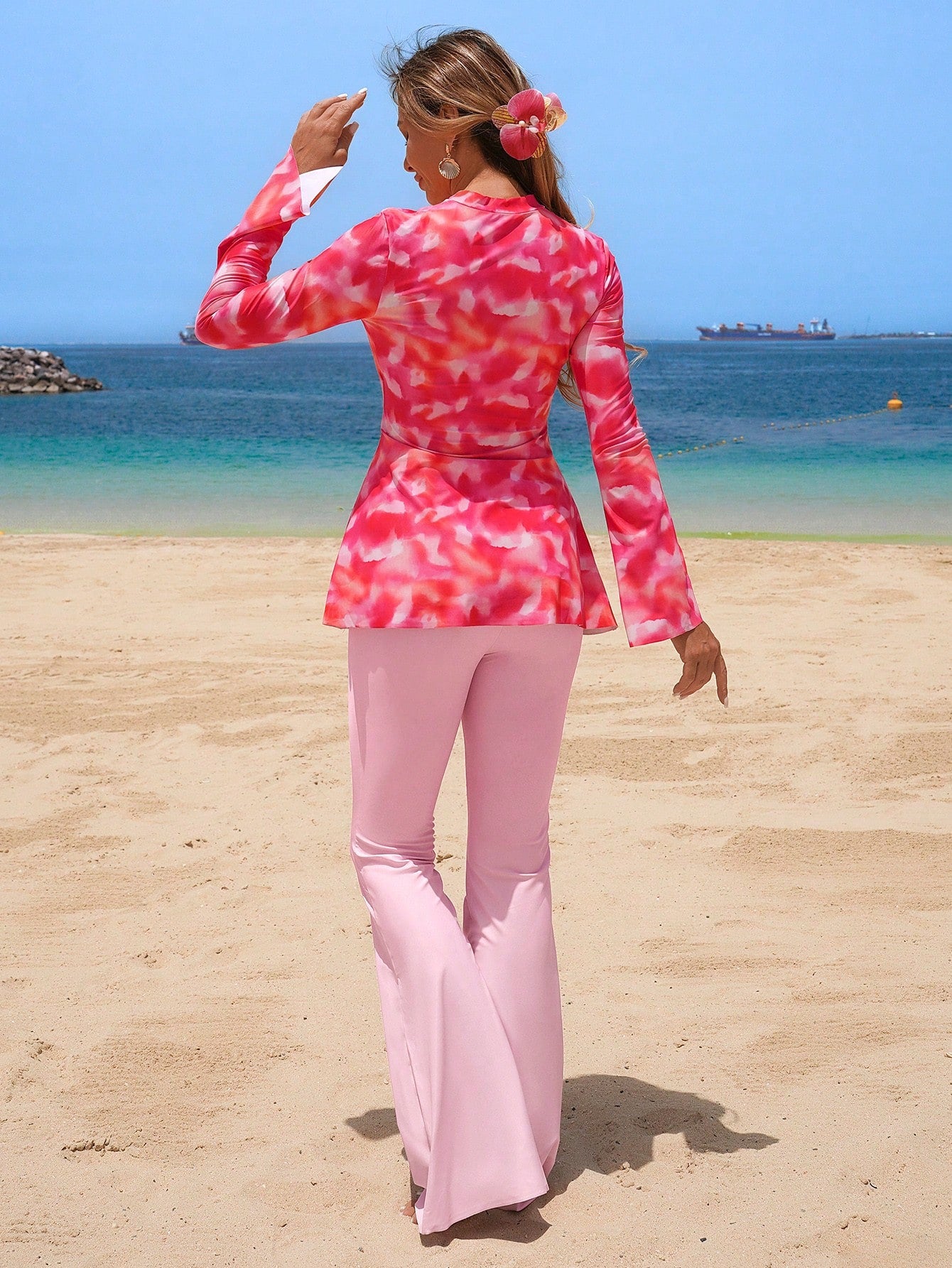 Swim Shayni Women's Burkini Set Red Orange Long Sleeve Flare Pants,Modest Summer Beach Holiday Swimwear,Bohemian Ombre Conservative Resort Wear Outfit,26SS New