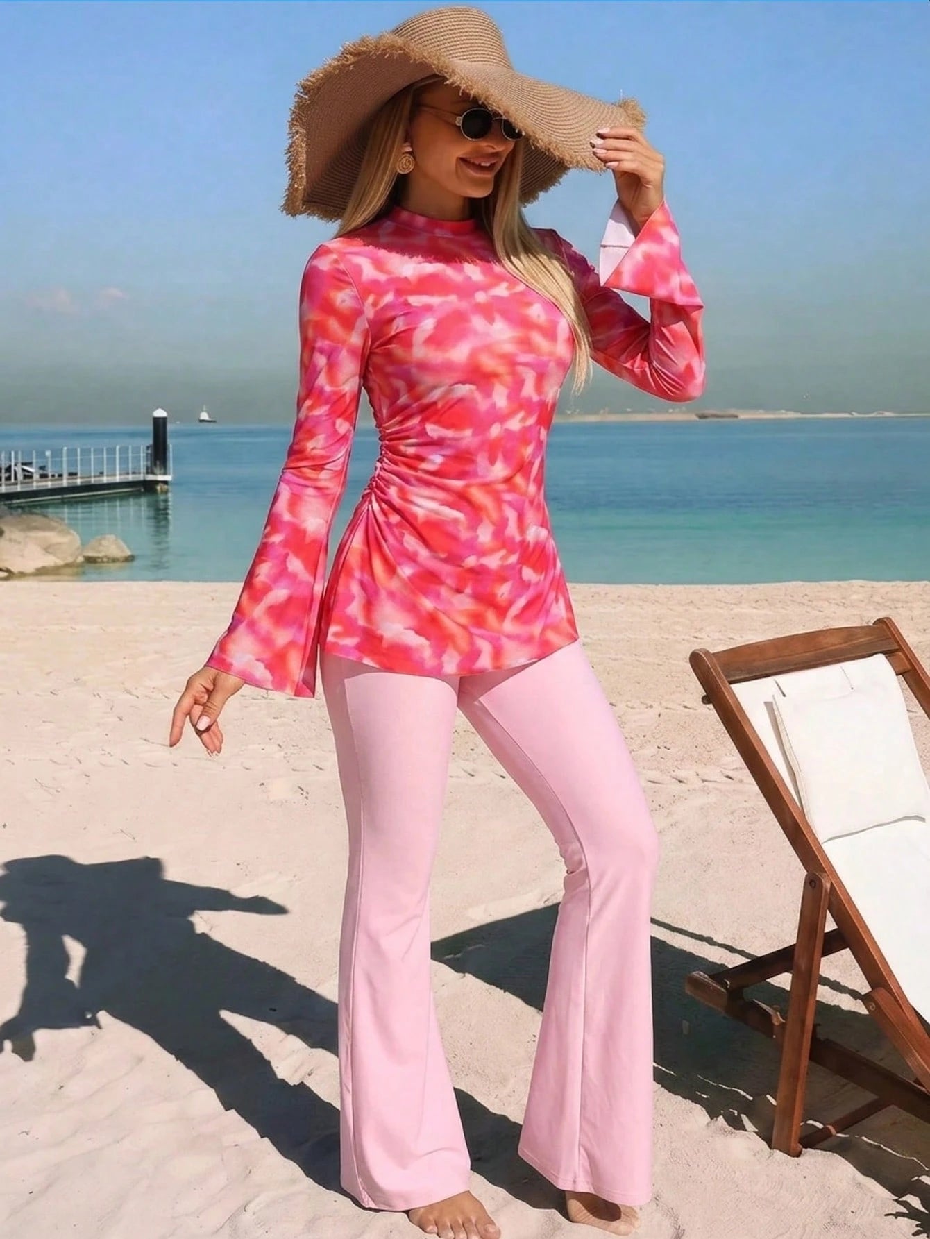 Swim Shayni Women's Burkini Set Red Orange Long Sleeve Flare Pants,Modest Summer Beach Holiday Swimwear,Bohemian Ombre Conservative Resort Wear Outfit,26SS New