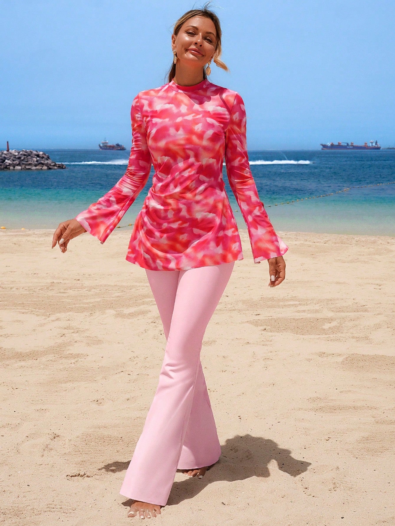 Swim Shayni Women's Burkini Set Red Orange Long Sleeve Flare Pants,Modest Summer Beach Holiday Swimwear,Bohemian Ombre Conservative Resort Wear Outfit,26SS New