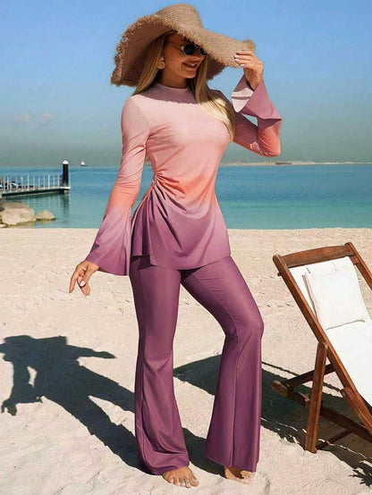 Swim Shayni Women's Burkini Set Red Orange Long Sleeve Flare Pants,Modest Summer Beach Holiday Swimwear,Bohemian Ombre Conservative Resort Wear Outfit,26SS New