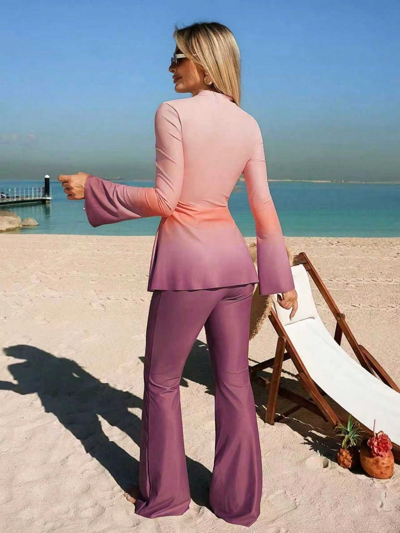 Swim Shayni Women's Burkini Set Red Orange Long Sleeve Flare Pants,Modest Summer Beach Holiday Swimwear,Bohemian Ombre Conservative Resort Wear Outfit,26SS New