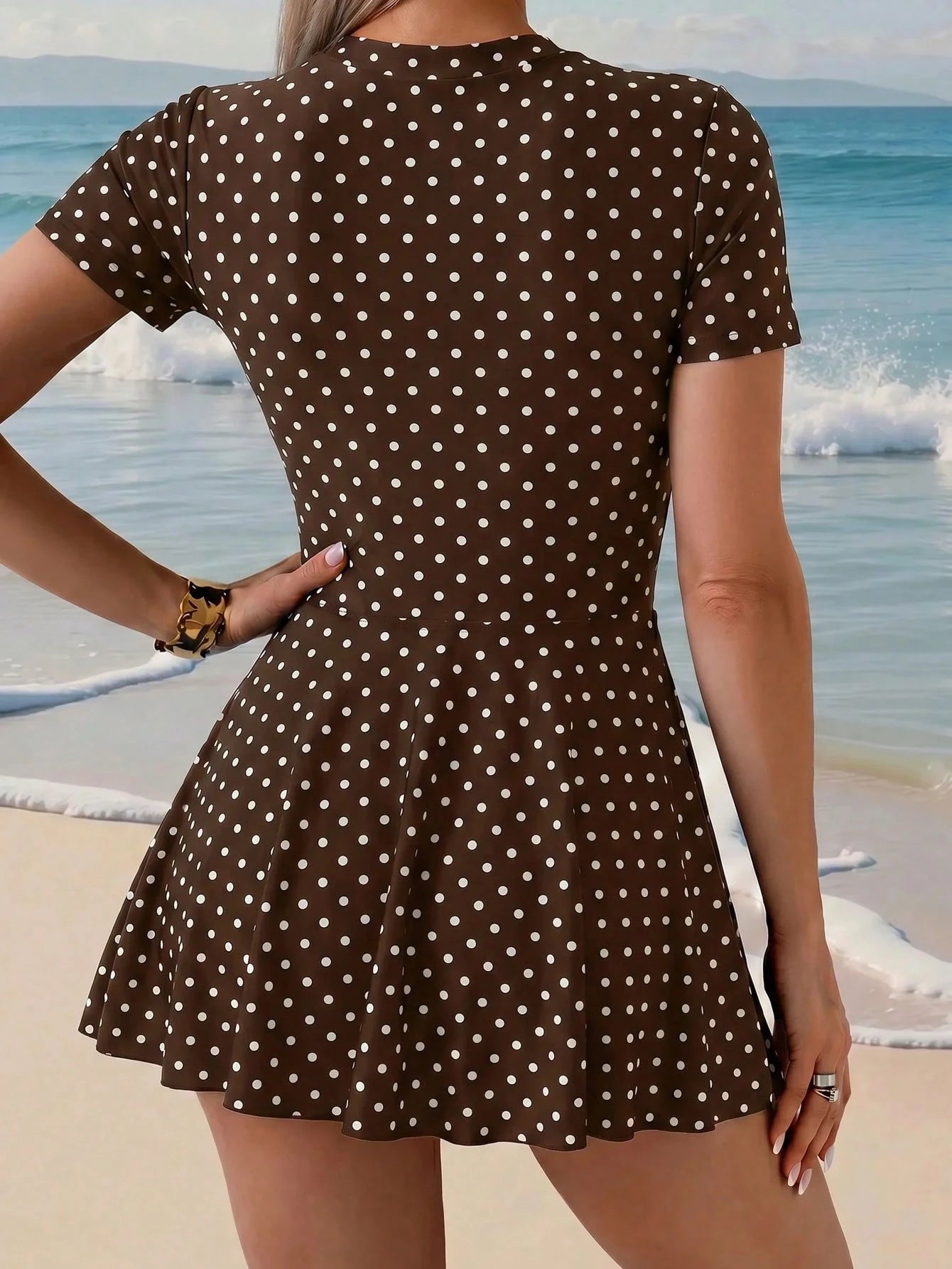 Swim Shayni Women's Polka Dot Short Sleeve Jumpsuit And Mini Skirt Burkini Two-Piece Swimsuit Set, Suitable For Summer Vacation
