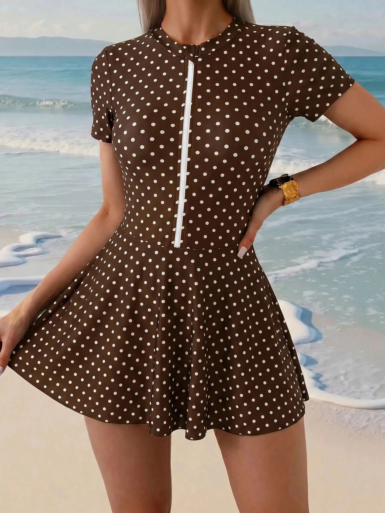 Swim Shayni Women's Polka Dot Short Sleeve Jumpsuit And Mini Skirt Burkini Two-Piece Swimsuit Set, Suitable For Summer Vacation