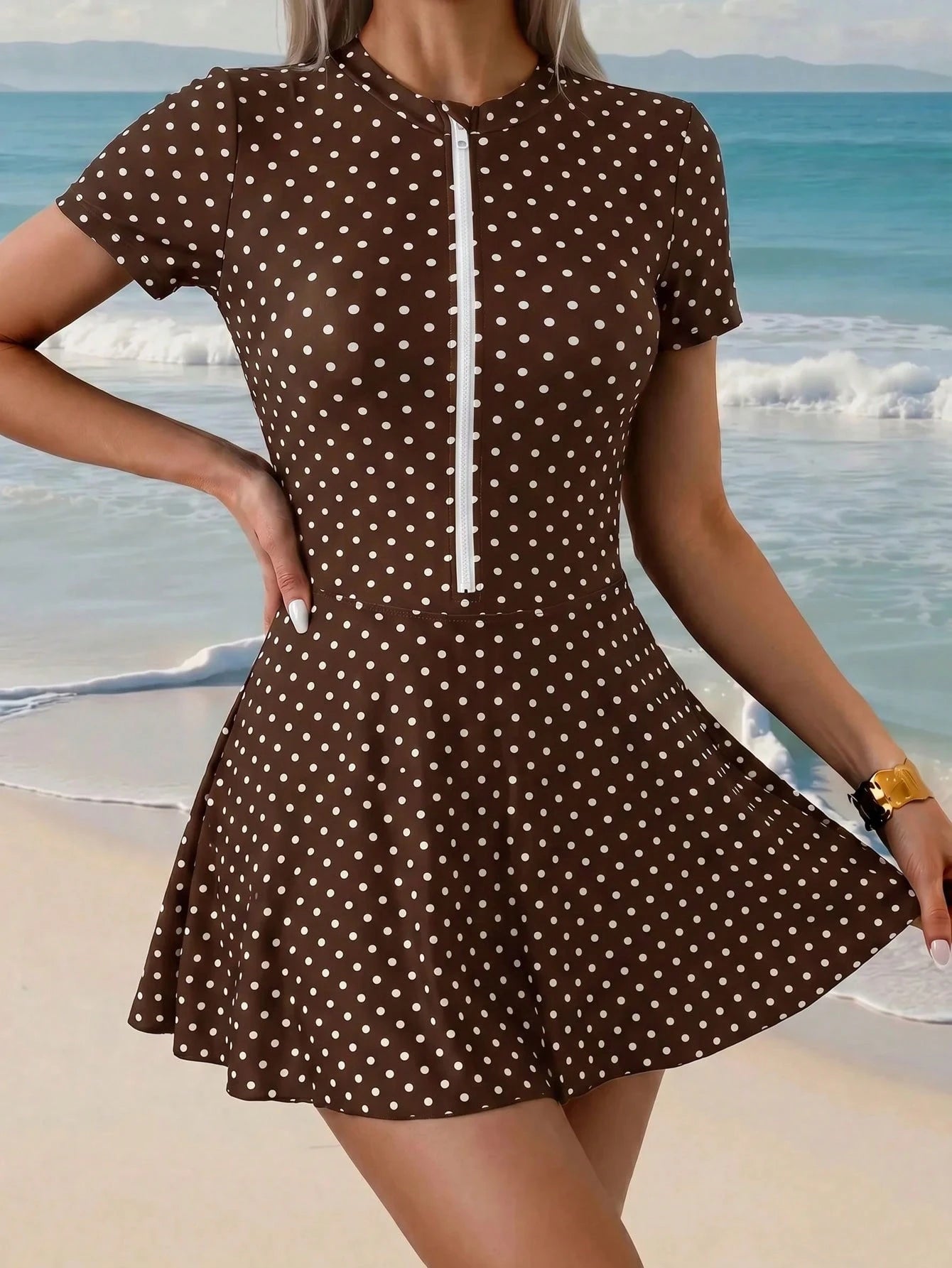 Swim Shayni Women's Polka Dot Short Sleeve Jumpsuit And Mini Skirt Burkini Two-Piece Swimsuit Set, Suitable For Summer Vacation