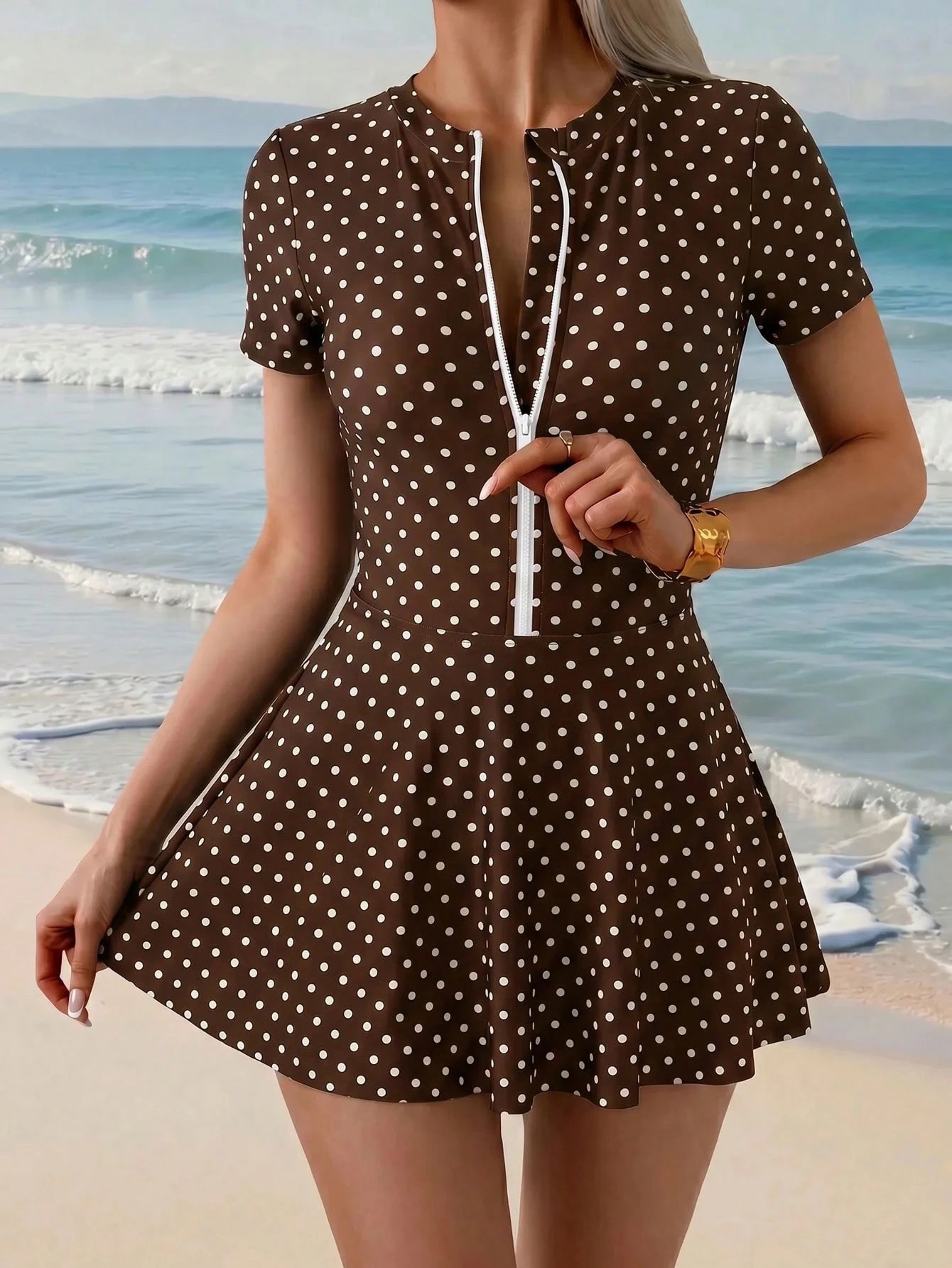 Swim Shayni Women's Polka Dot Short Sleeve Jumpsuit And Mini Skirt Burkini Two-Piece Swimsuit Set, Suitable For Summer Vacation