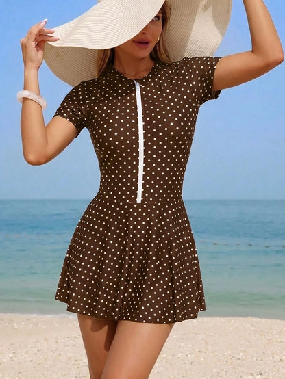 Swim Shayni Women's Polka Dot Short Sleeve Jumpsuit And Mini Skirt Burkini Two-Piece Swimsuit Set, Suitable For Summer Vacation