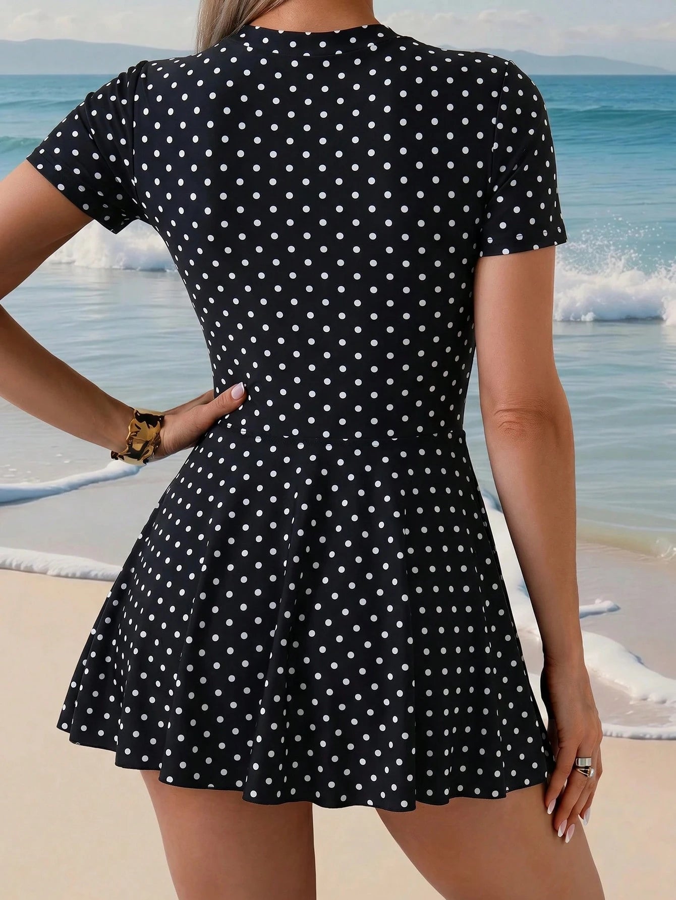 Swim Shayni Women's Polka Dot Short Sleeve Jumpsuit And Mini Skirt Burkini Two-Piece Swimsuit Set, Suitable For Summer Vacation