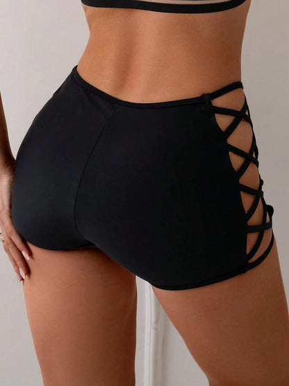 Swim Solid Colored Swimwear Bikini Bottoms With Side Cross & Hollow Out Design For Swimming Pool,Summer Beach