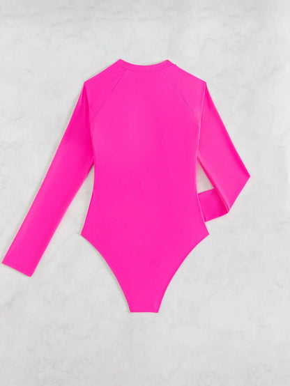 Swim SPRTY 1pc Women Solid Color Patchwork Long Sleeve Zipper Design Neon One-Piece Swimsuit For Summer Beach Vacation