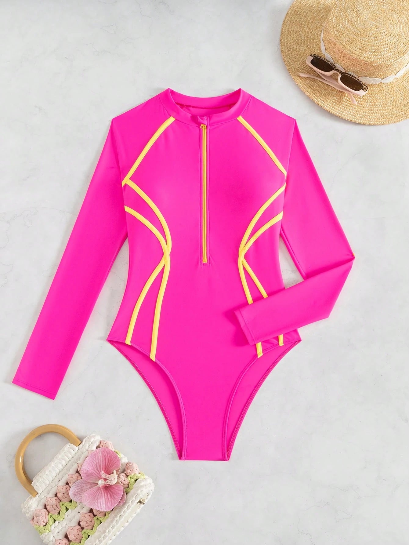 Swim SPRTY 1pc Women Solid Color Patchwork Long Sleeve Zipper Design Neon One-Piece Swimsuit For Summer Beach Vacation