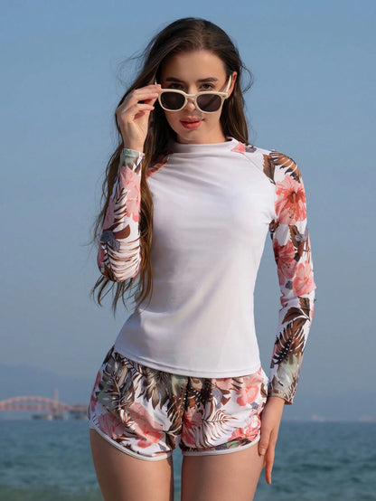 Swim SPRTY Summer Beach Tropical Print Raglan Sleeve Rashguard