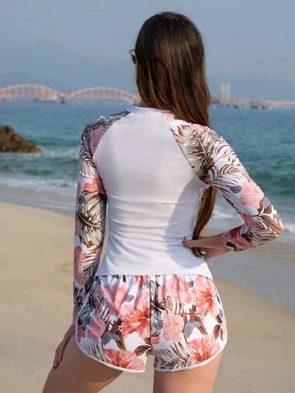 Swim SPRTY Summer Beach Tropical Print Raglan Sleeve Rashguard
