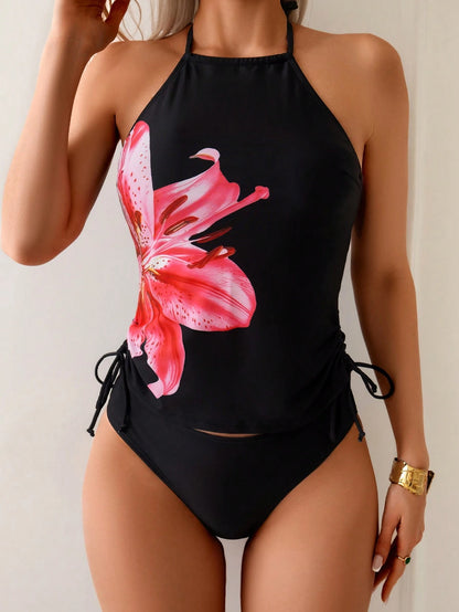 Swim SPRTY Women's Summer Beach Floral Print Halter Neck Tankini Swimwear Set