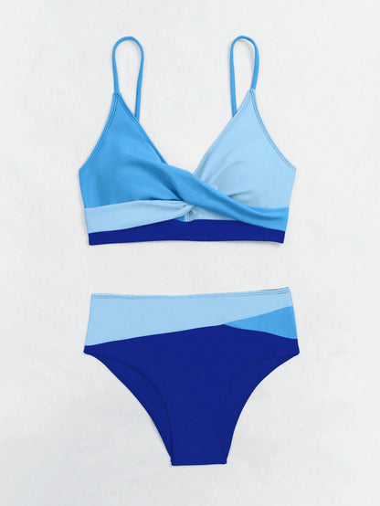 Swim Summer Beach Color Block Twist Front Bikini Set