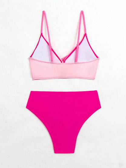 Swim Summer Beach Color Block Twist Front Bikini Set