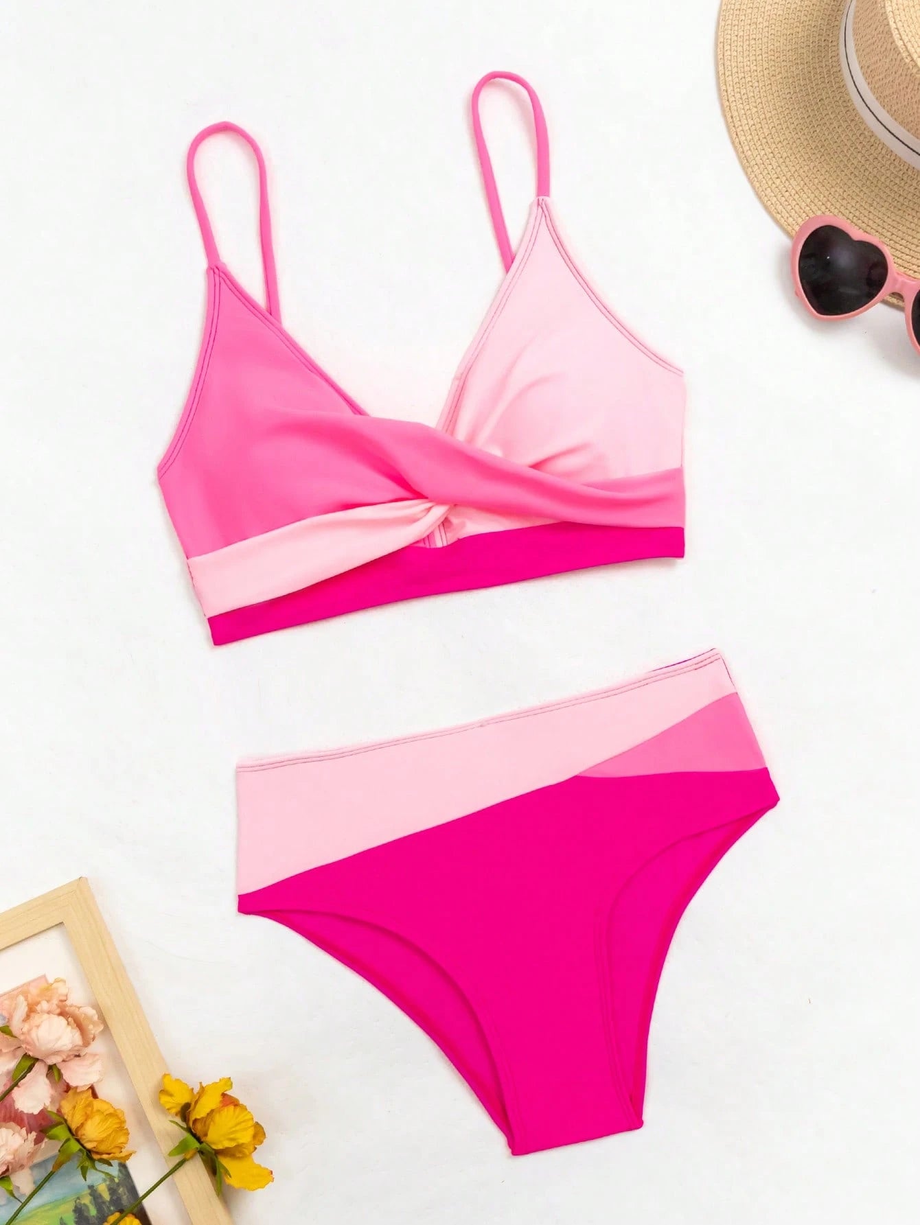 Swim Summer Beach Color Block Twist Front Bikini Set