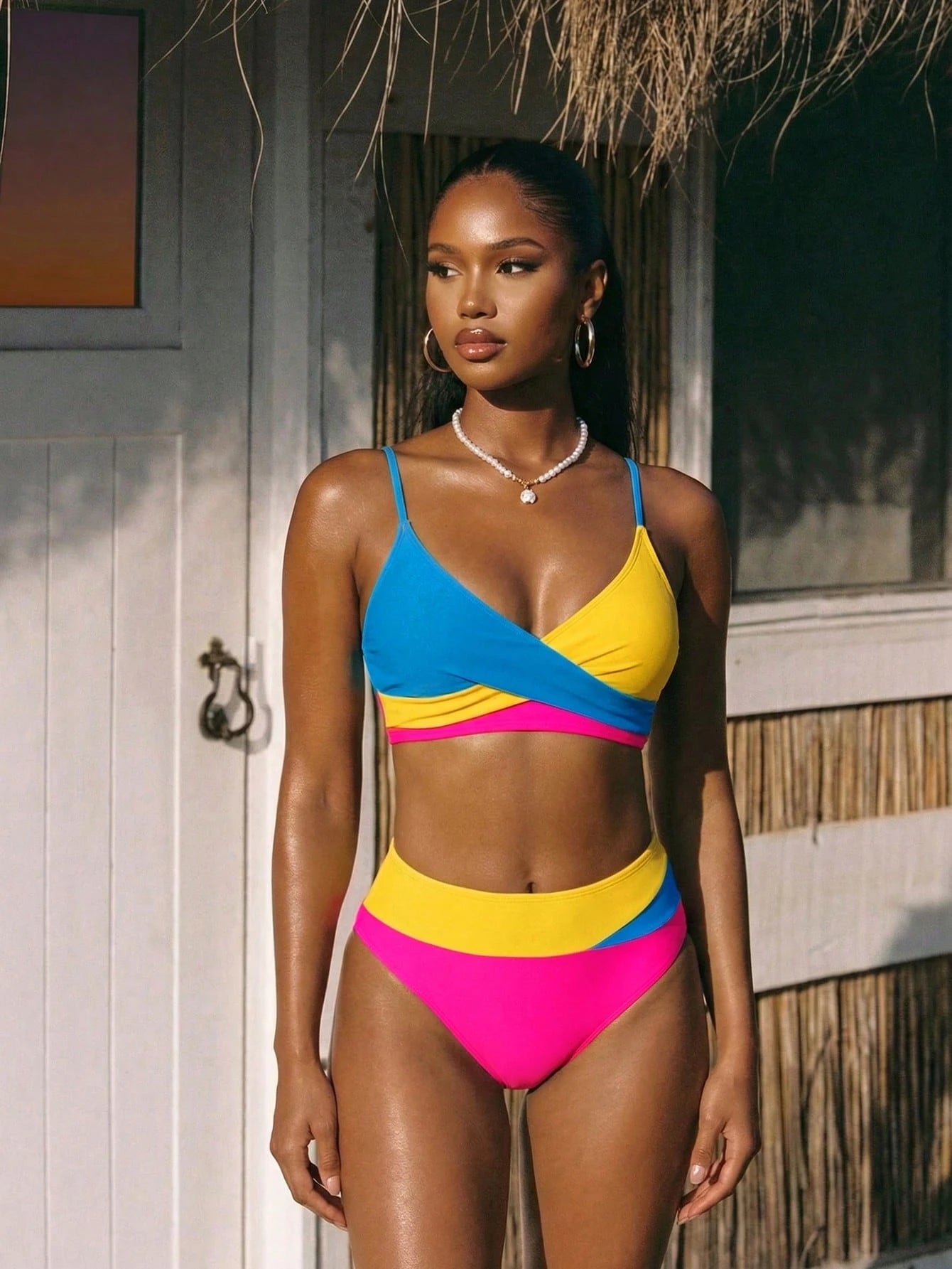 Swim Summer Beach Color Block Twist Front Bikini Set