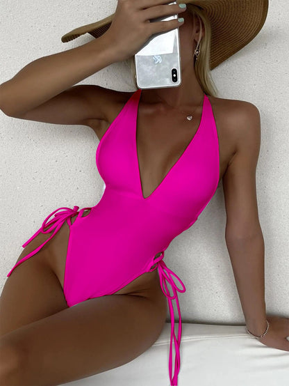 Swim Summer Beach Drawstring Plunging One Piece Swimsuit
