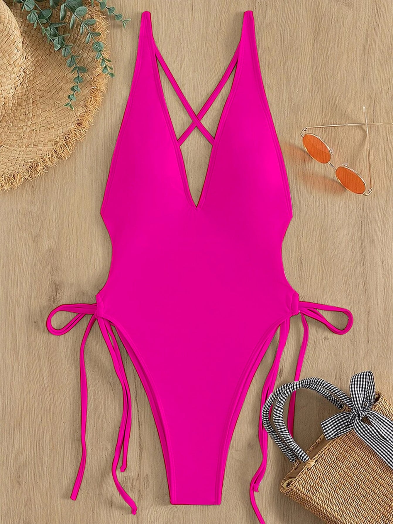 Swim Summer Beach Drawstring Plunging One Piece Swimsuit