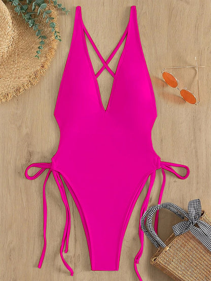 Swim Summer Beach Drawstring Plunging One Piece Swimsuit