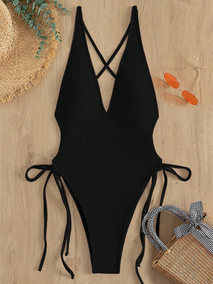 Swim Summer Beach Drawstring Plunging One Piece Swimsuit